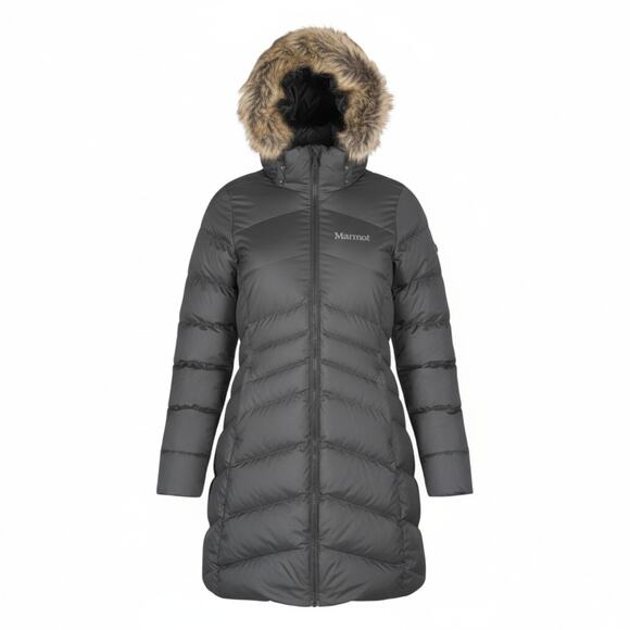 Marmot Montreal Down Coat Womens Extra Small XS Black Fur Hood Insulated 700